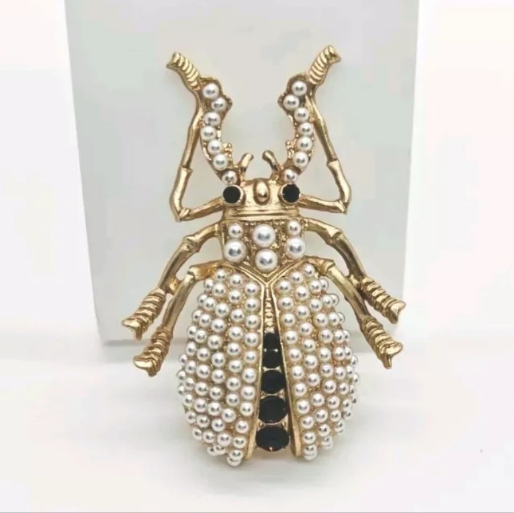 Beetle Brooch Pin Brushed Gold Tone Faux Pearls Black Rhinestones Insect